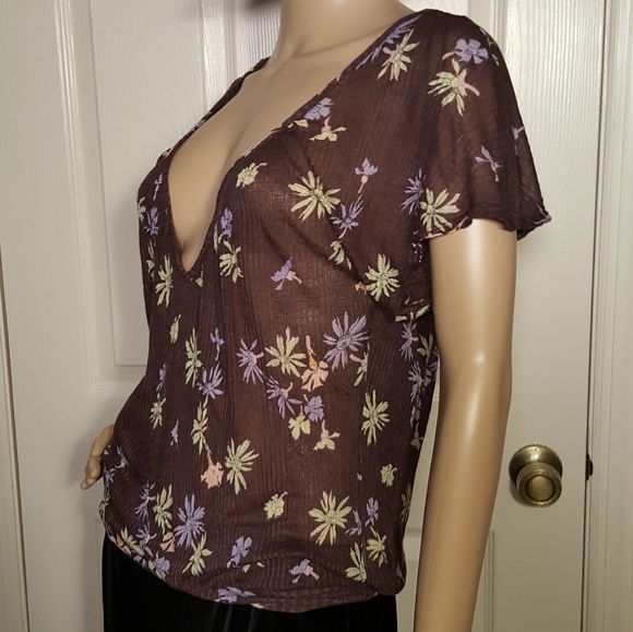Free People Gauzy Brown Floral Short Sleeve Top - Picture 3 of 8